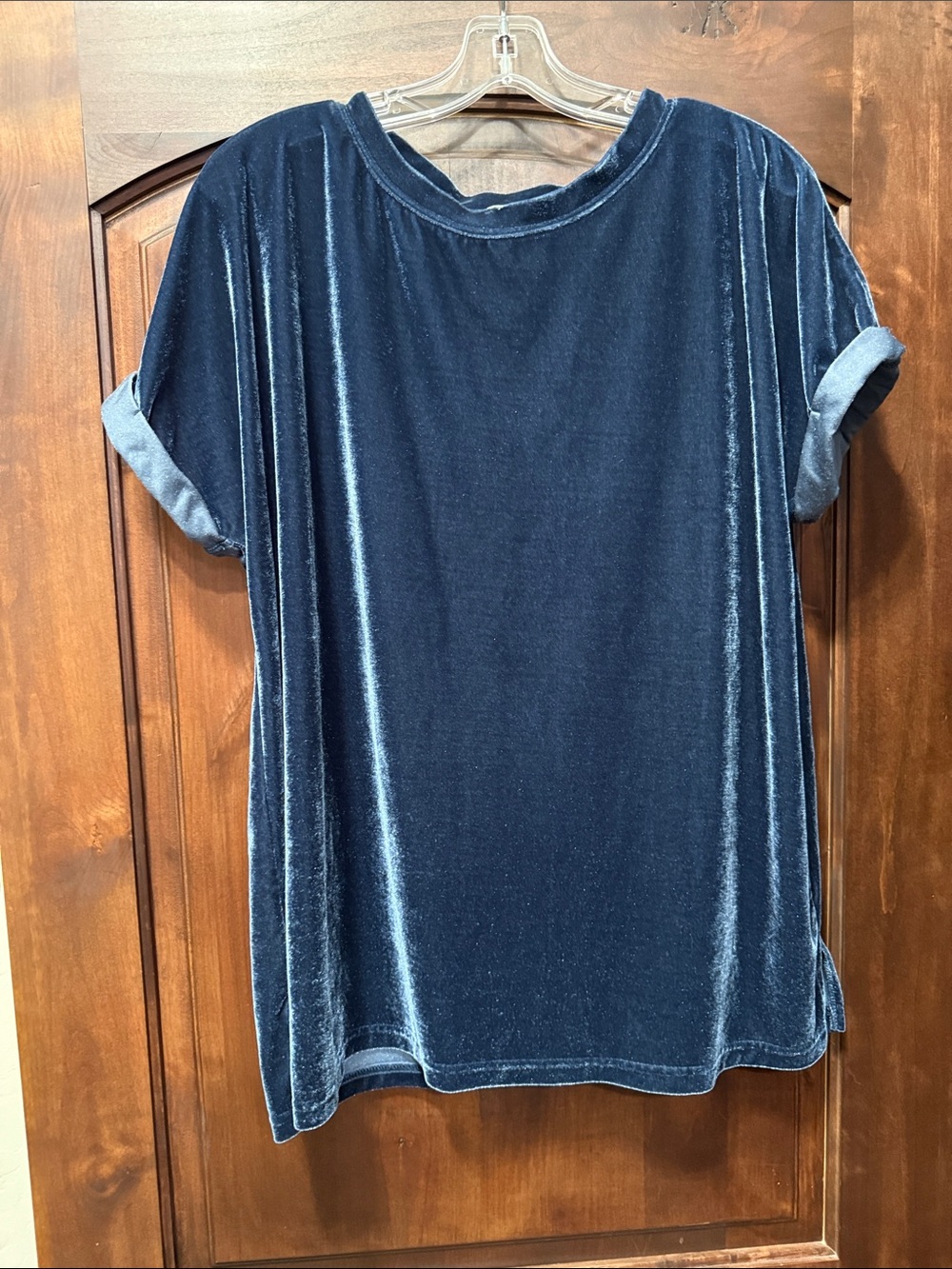 Velvet Short Sleeve Tunic Top - Navy